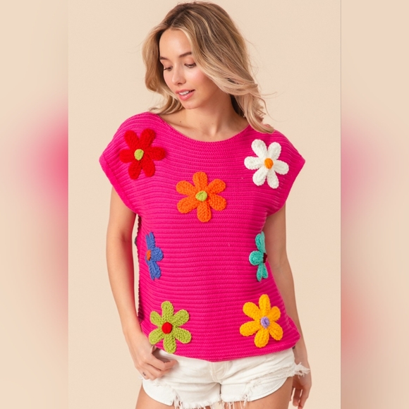 BiBi Flower Round Neck Cap Sleeve Knit Top - Picture 3 of 7